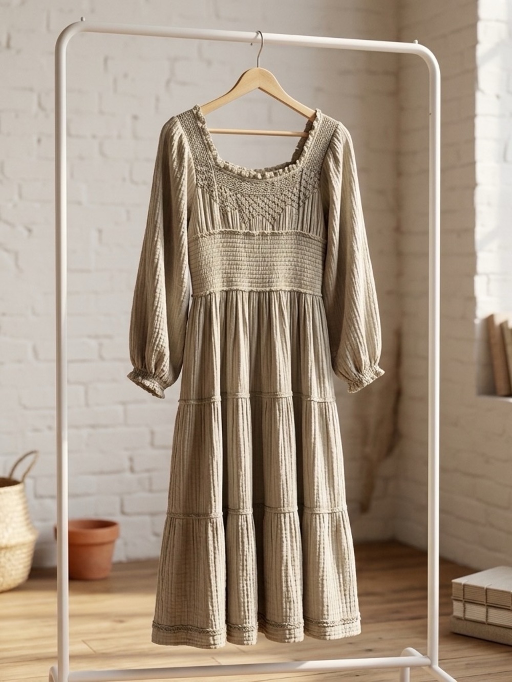 Free People Taupe Smocked Square-Neck Tiered Midi Dress